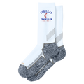 A pair of athletic socks with a white upper and a heather gray textured toe, heel, and sole. The front sock features a blue and red graphic print on the side reading 'ACHILLES TRACK CLUB EST. 1983