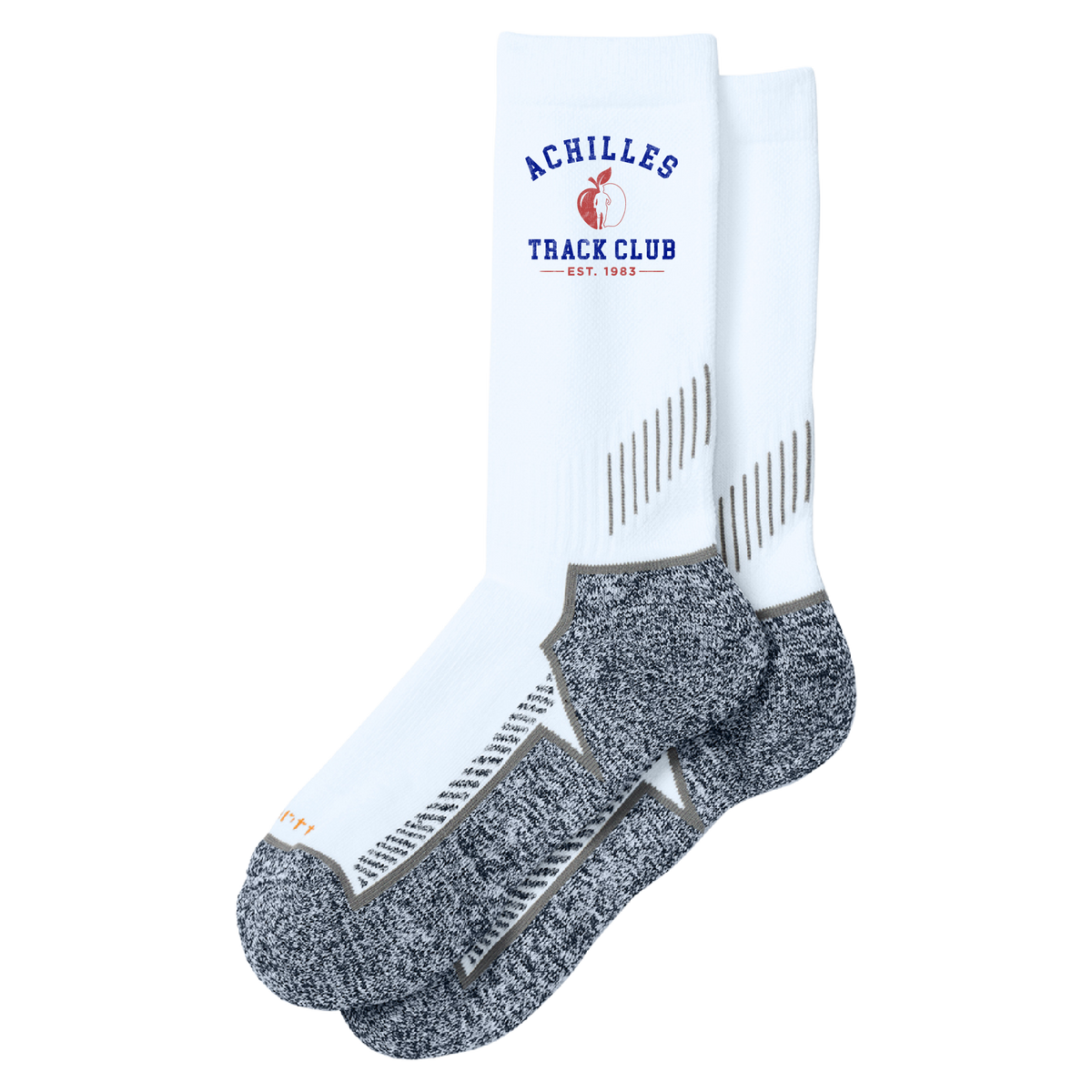 A pair of athletic socks with a white upper and a heather gray textured toe, heel, and sole. The front sock features a blue and red graphic print on the side reading 'ACHILLES TRACK CLUB EST. 1983