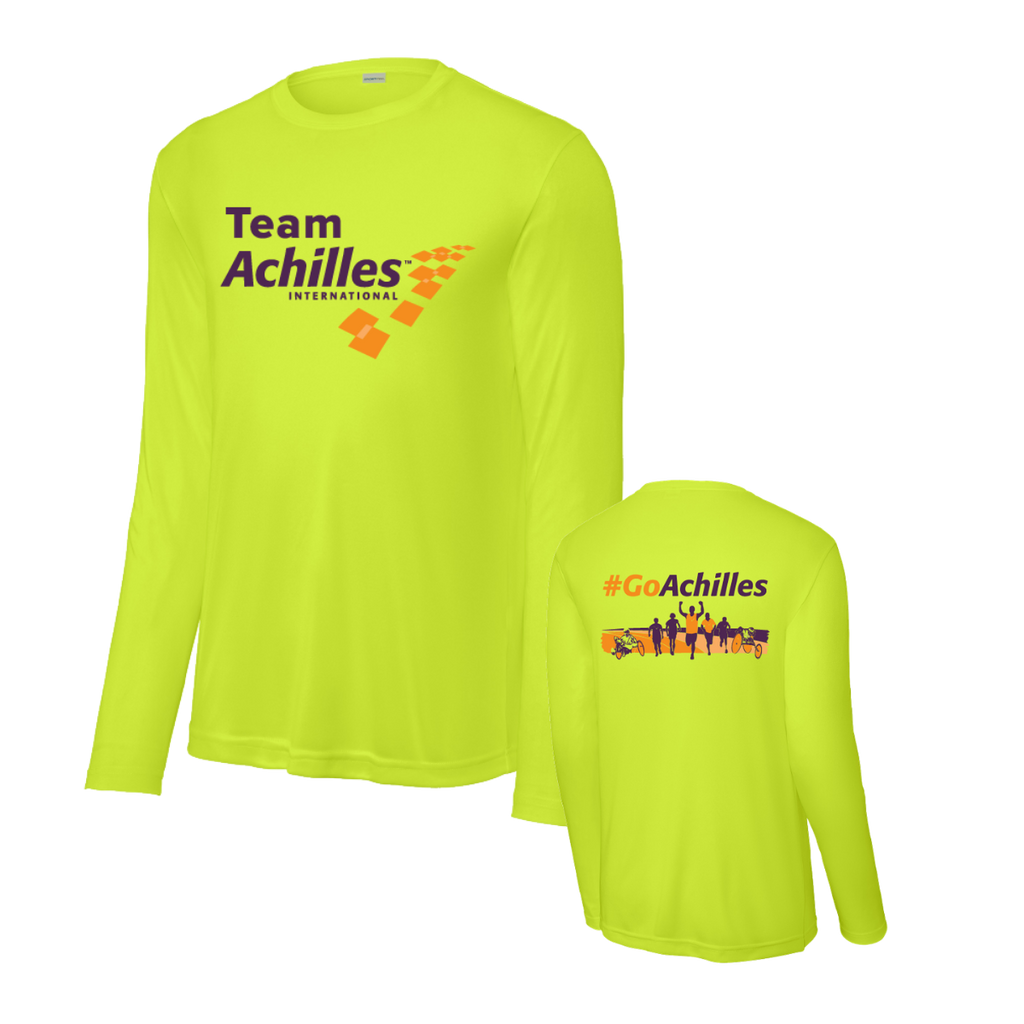 Safety yellow long-sleeve shirt with Team Achilles branding on a white background