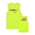 Two safety yellow sleeveless shirts with Achilles branding on a white background