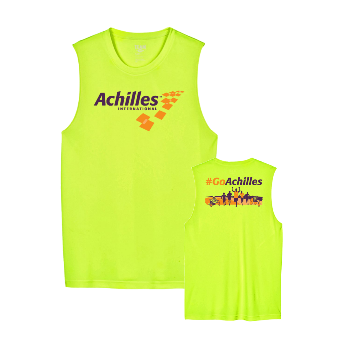 Two safety yellow sleeveless shirts with Achilles branding on a white background