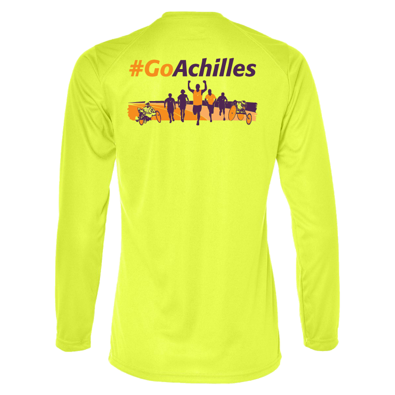 Safety Yellow long-sleeve shirt with '#Go Achilles' text and graphic on a white background