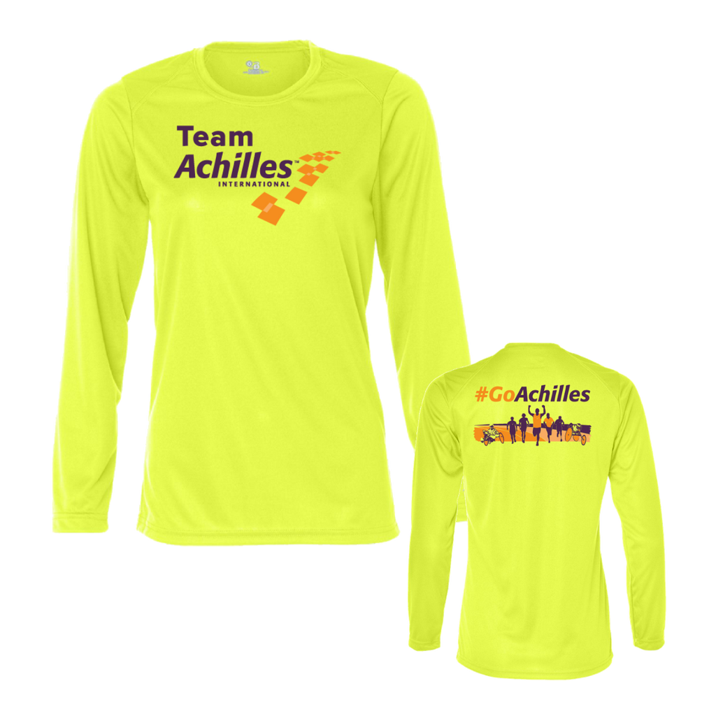 Safety Yellow long-sleeve shirts with Team Achilles branding on a white background