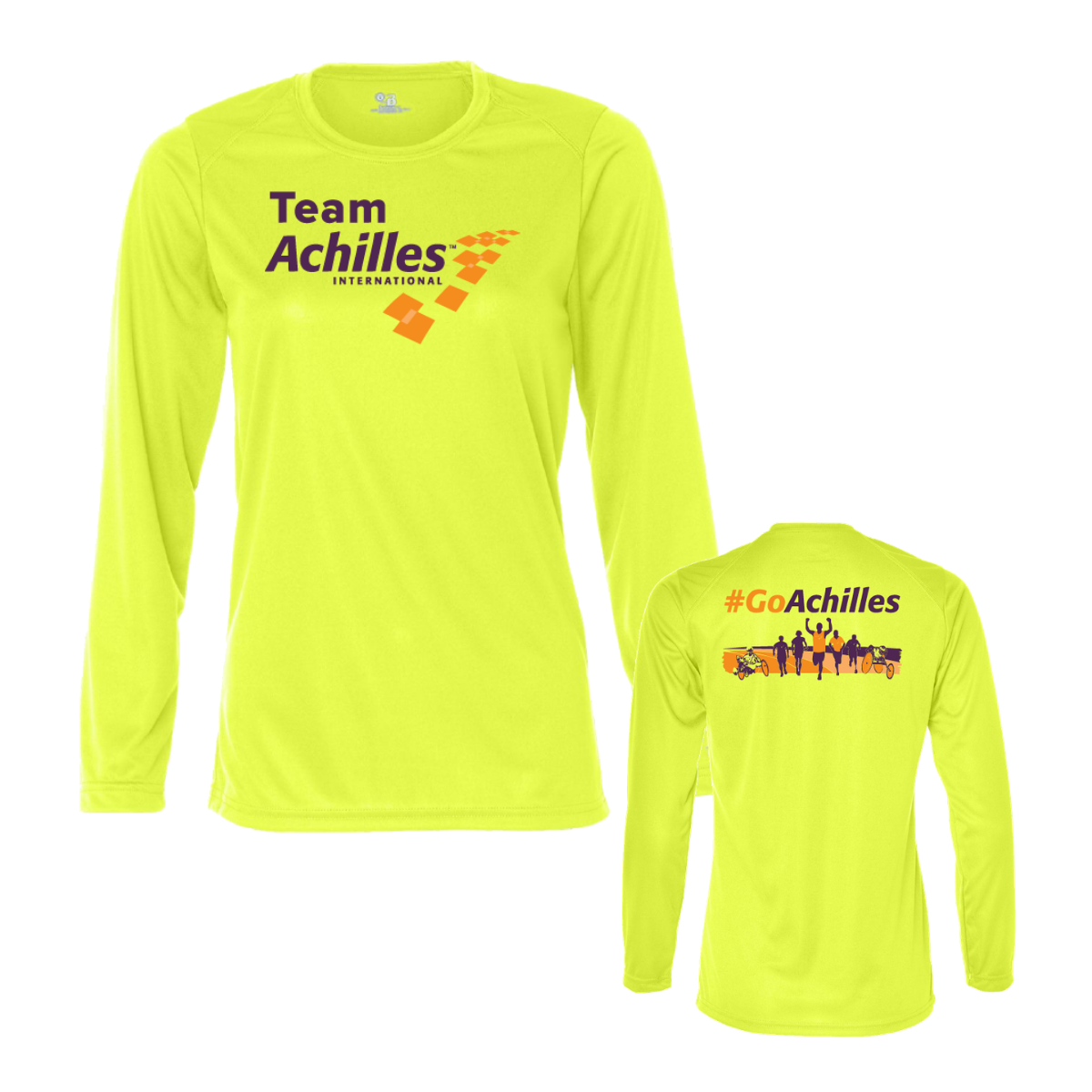 Safety Yellow long-sleeve shirts with Team Achilles branding on a white background