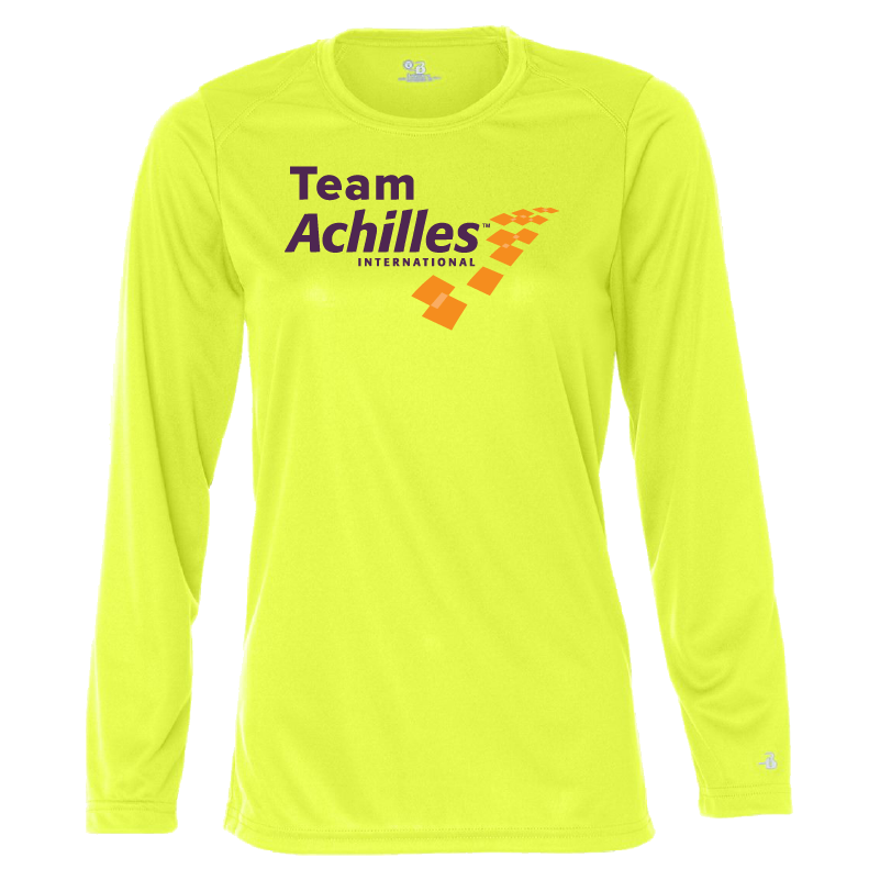 Safety Yellow long-sleeve shirt with 'Team Achilles International' text and logo on a white background