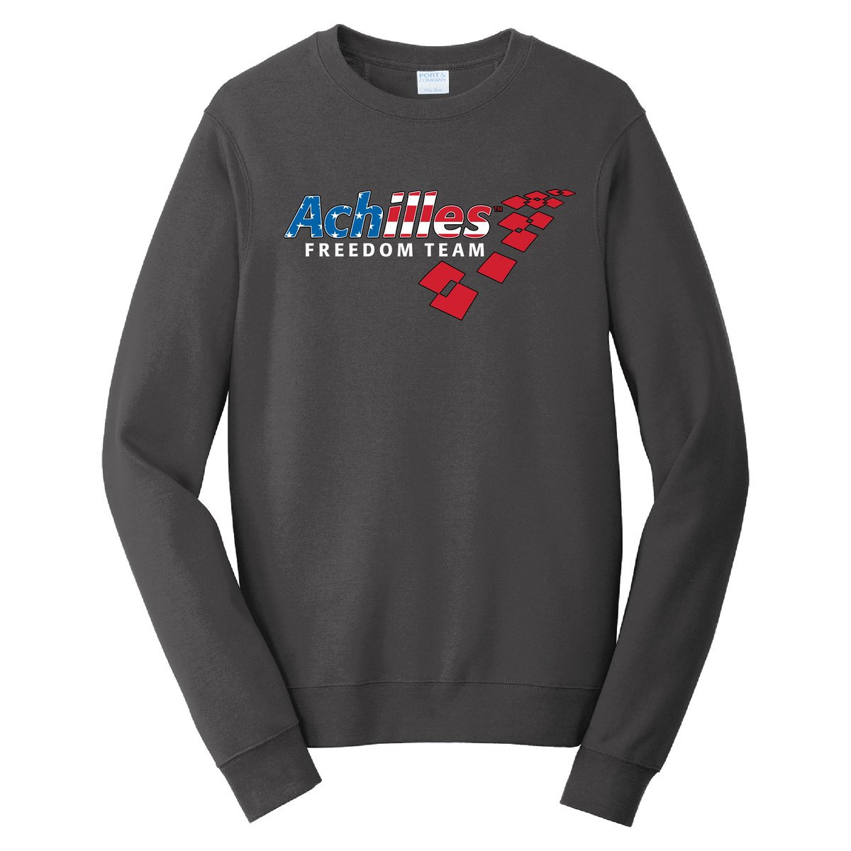 Charcoal crewneck with Achilles Freedom Team logo with the letters resembling a red, white and blue flag design