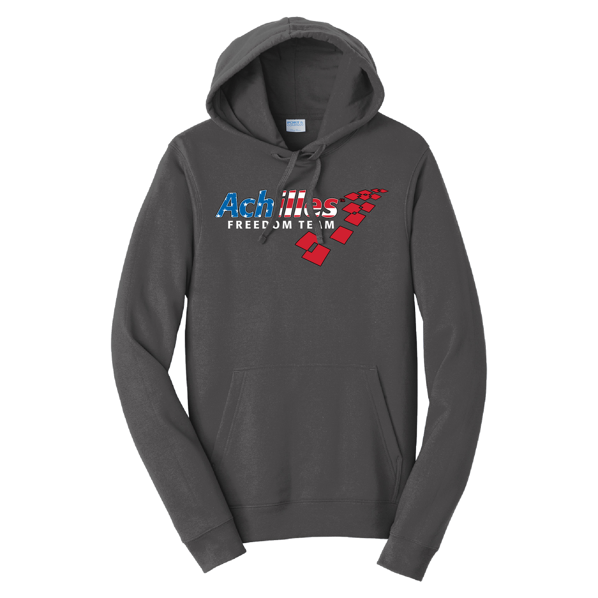 Charcoal crewneck with Achilles Freedom Team logo with the letters resembling a red, white and blue flag design
