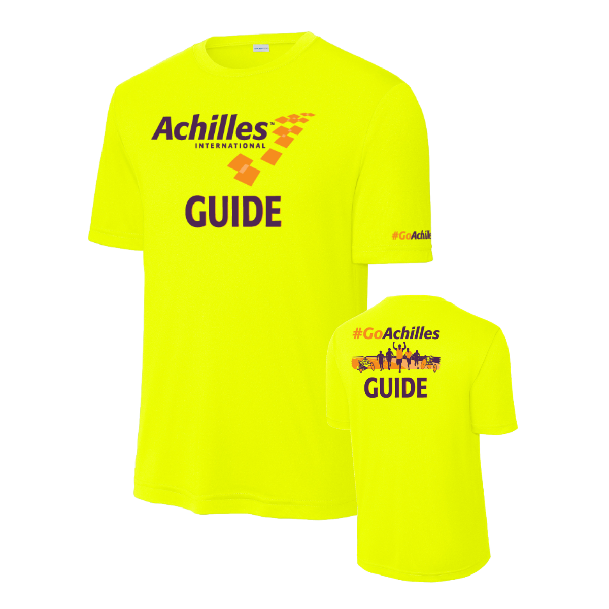 Safety Yellow t-shirt with Achilles International branding on a white background