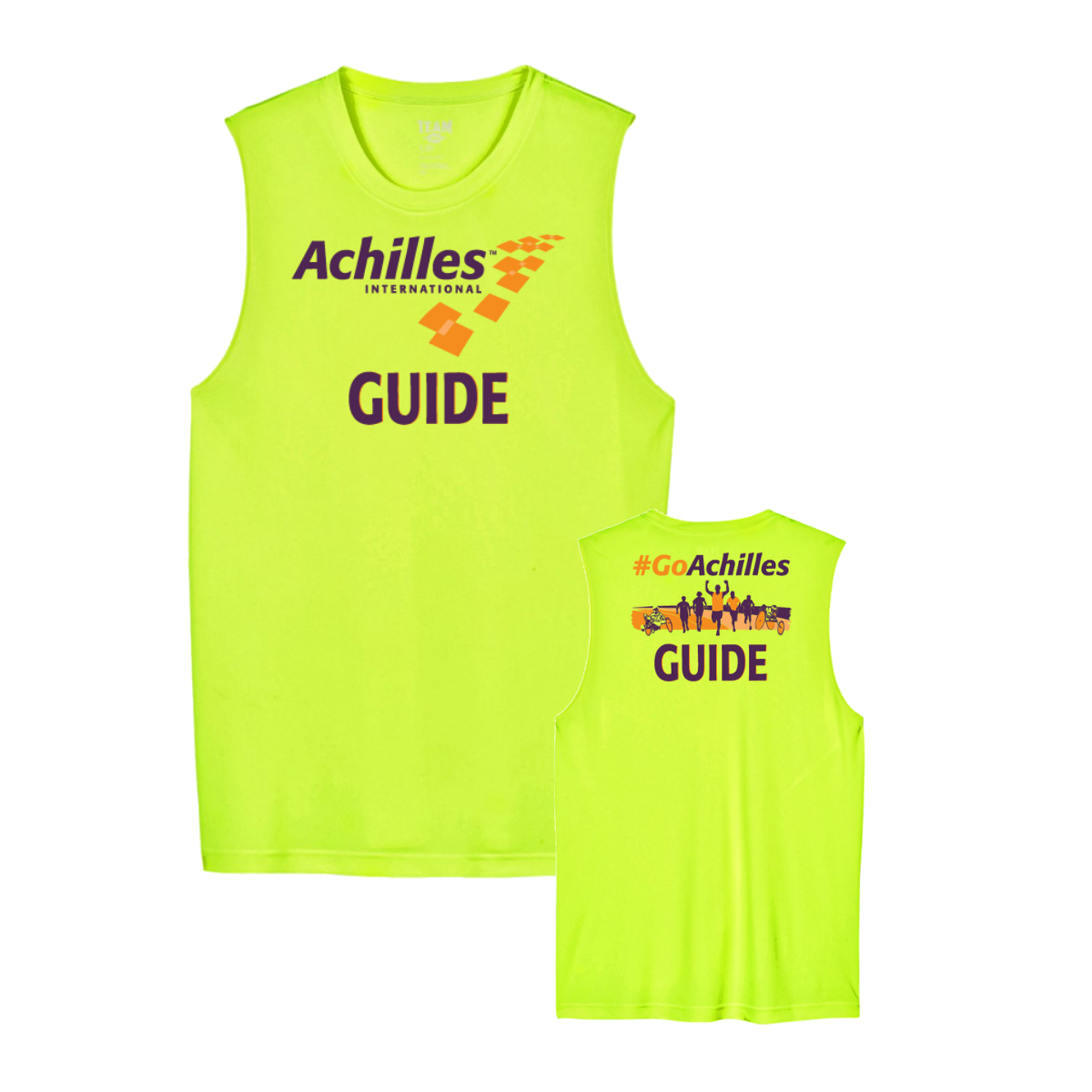 Two safety yellow sleeveless shirts with Achilles branding on a white background