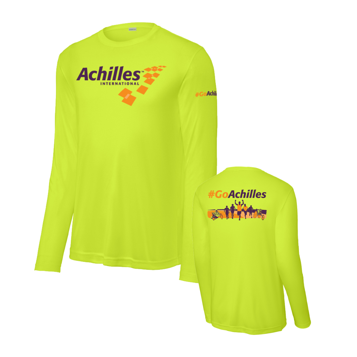 Safety yellow long-sleeve shirt with Achilles International logo on a white background