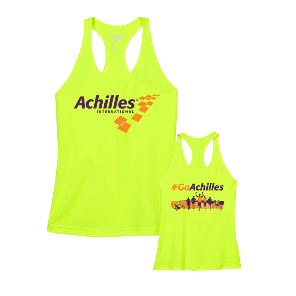 Two safety yellow tank tops with Achilles branding on a white background