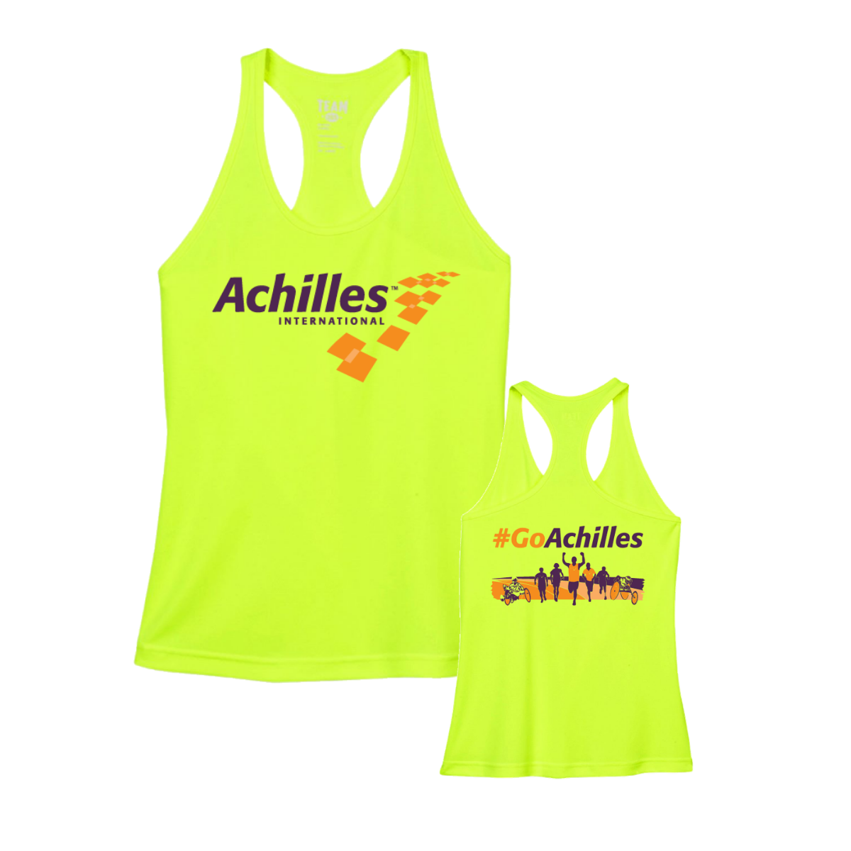 Two safety yellow tank tops with Achilles branding on a white background