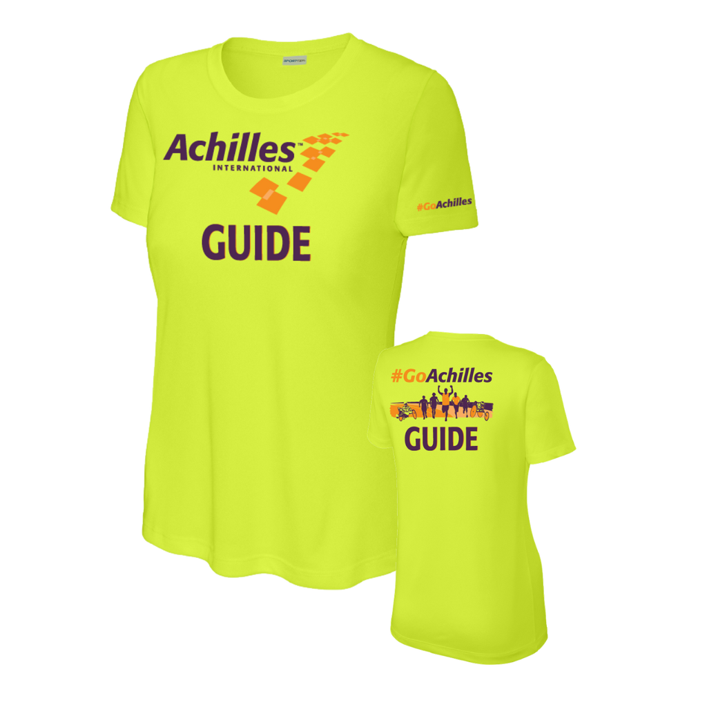 Safety yellow t-shirt with Achilles International Guide text on a white background
