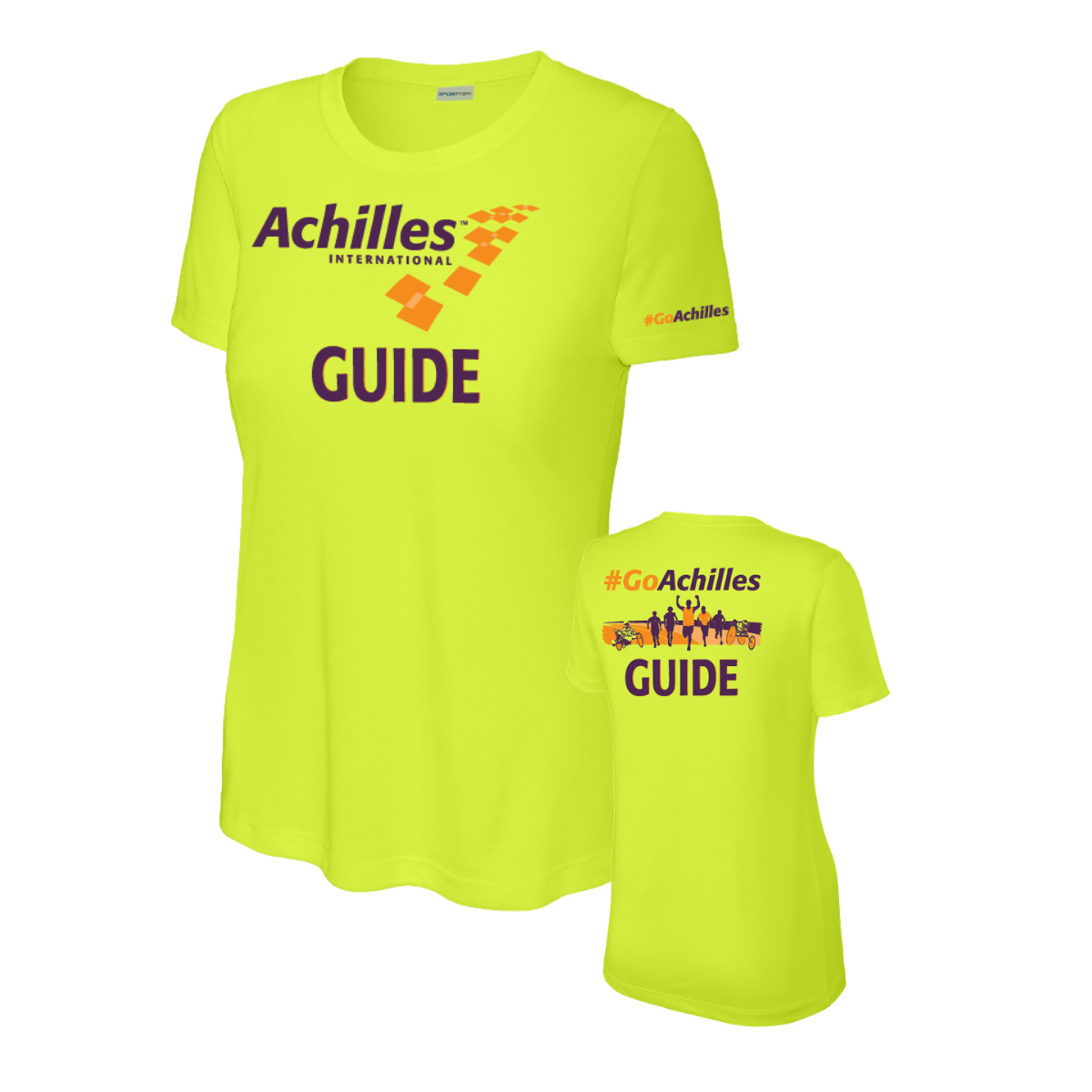 Safety yellow t-shirt with Achilles International Guide text on a white background