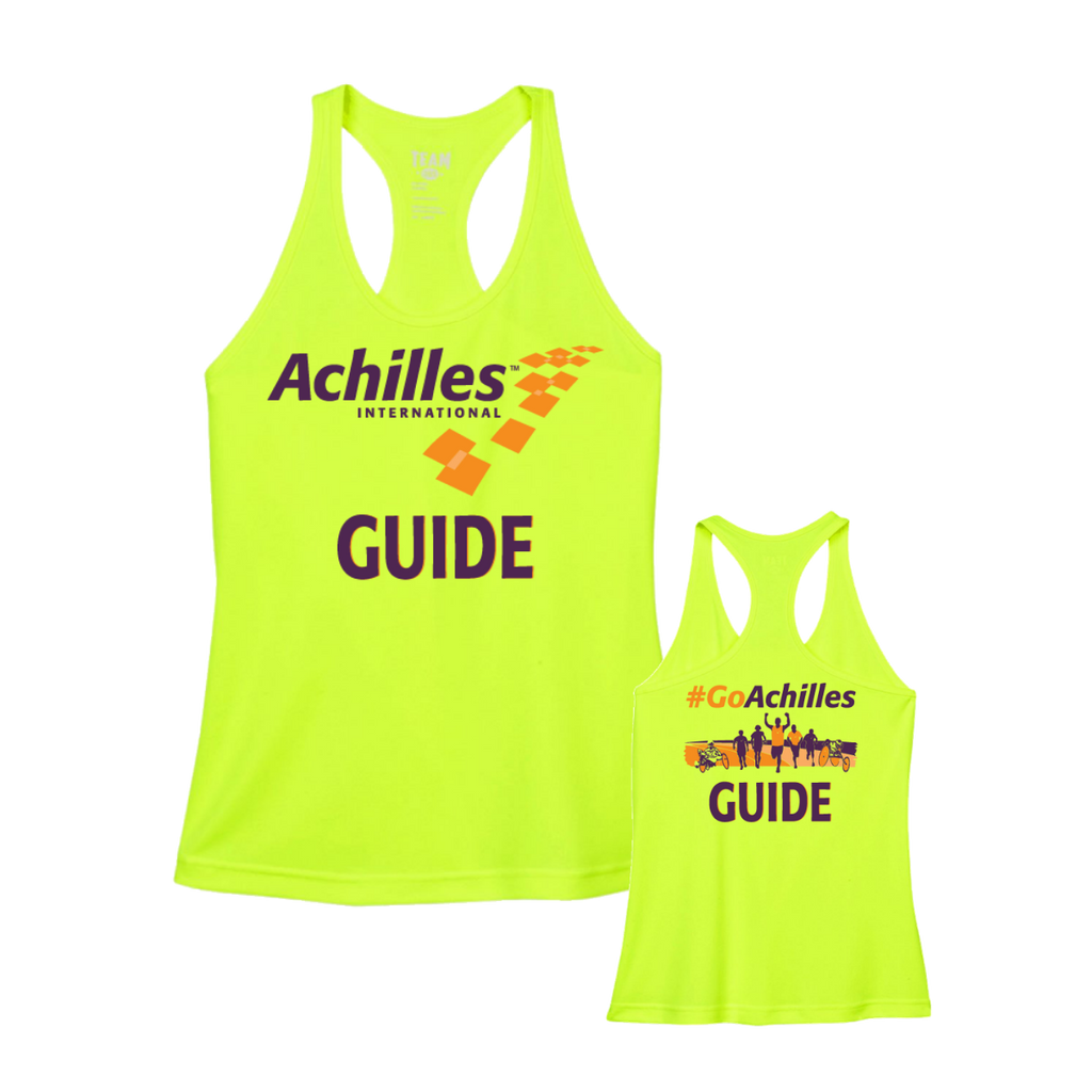 Two safety yellow tank tops with Achilles International branding on a white background