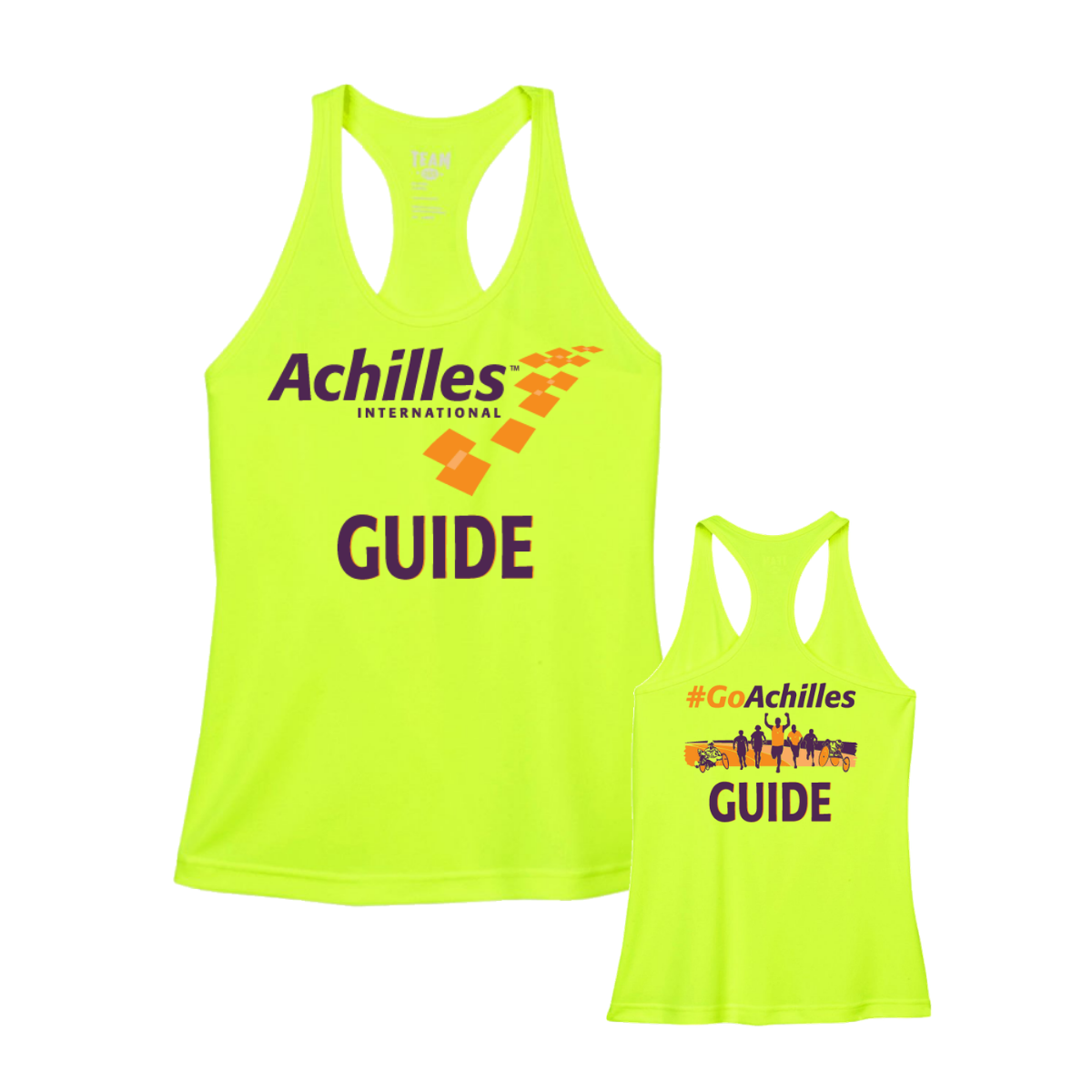 Two safety yellow tank tops with Achilles International branding on a white background