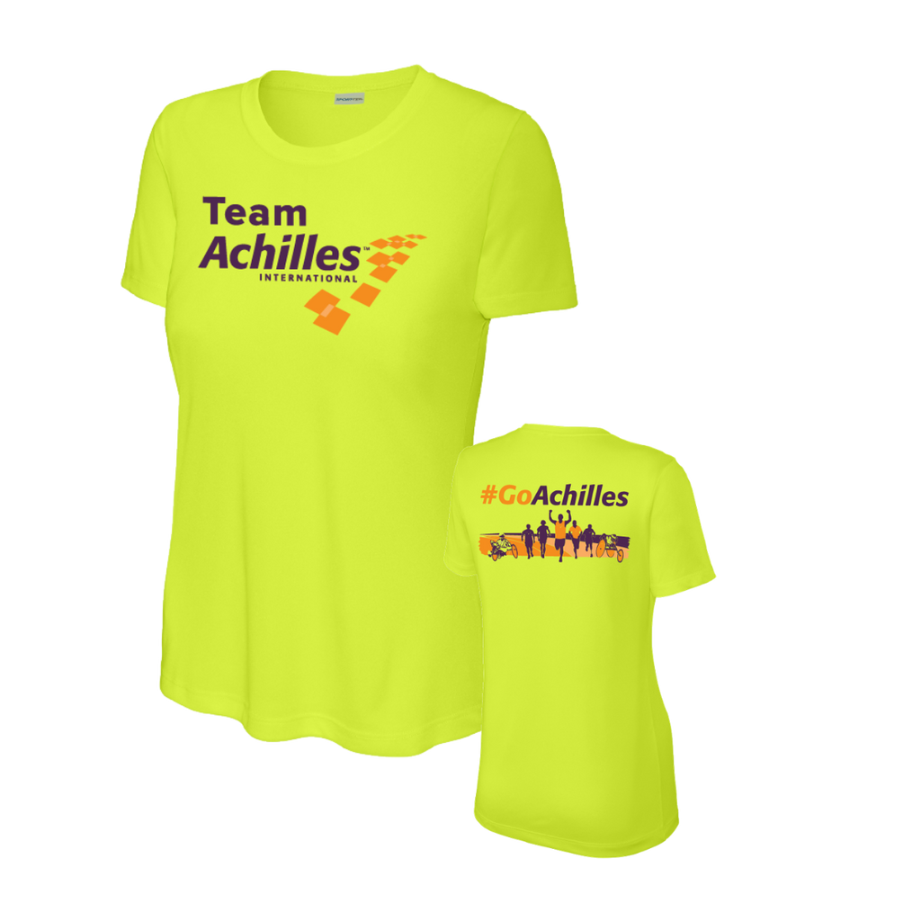 Safety Yellow t-shirts with Team Achilles logos on a white background