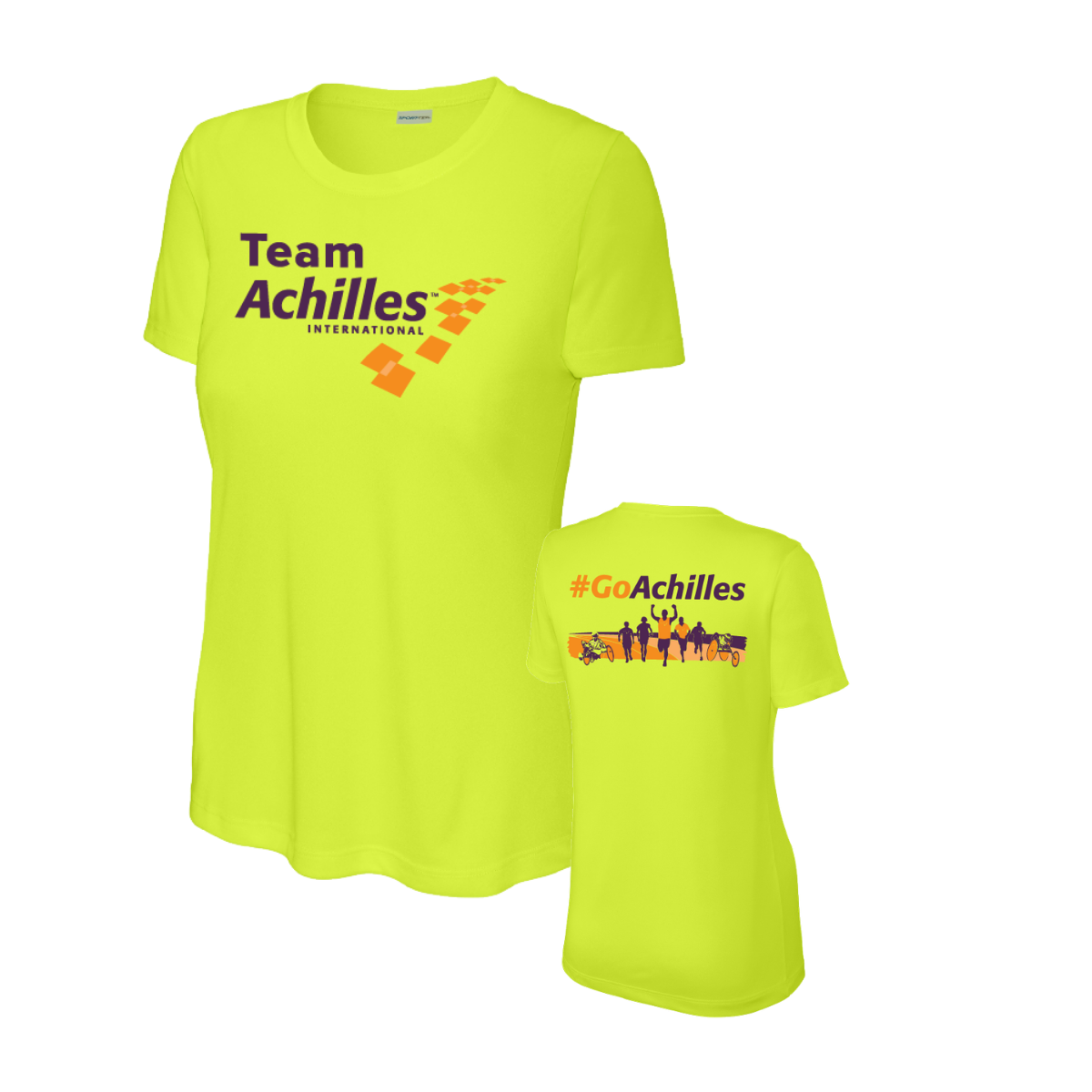 Safety Yellow t-shirts with Team Achilles logos on a white background