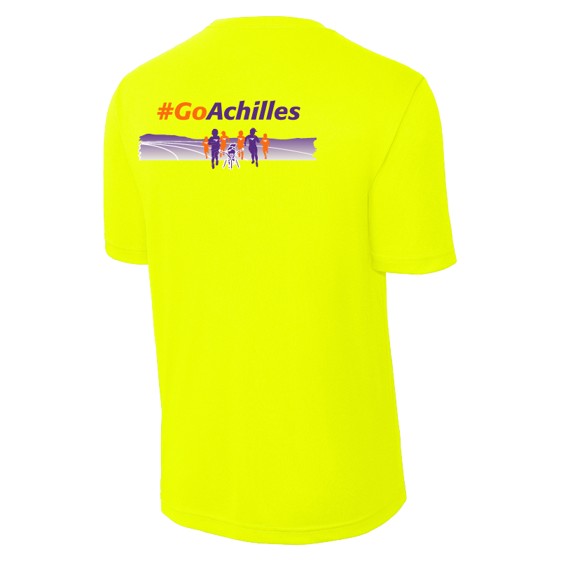 Neon Yellow t-shirt with '#GoAchilles' text and graphic on a white background