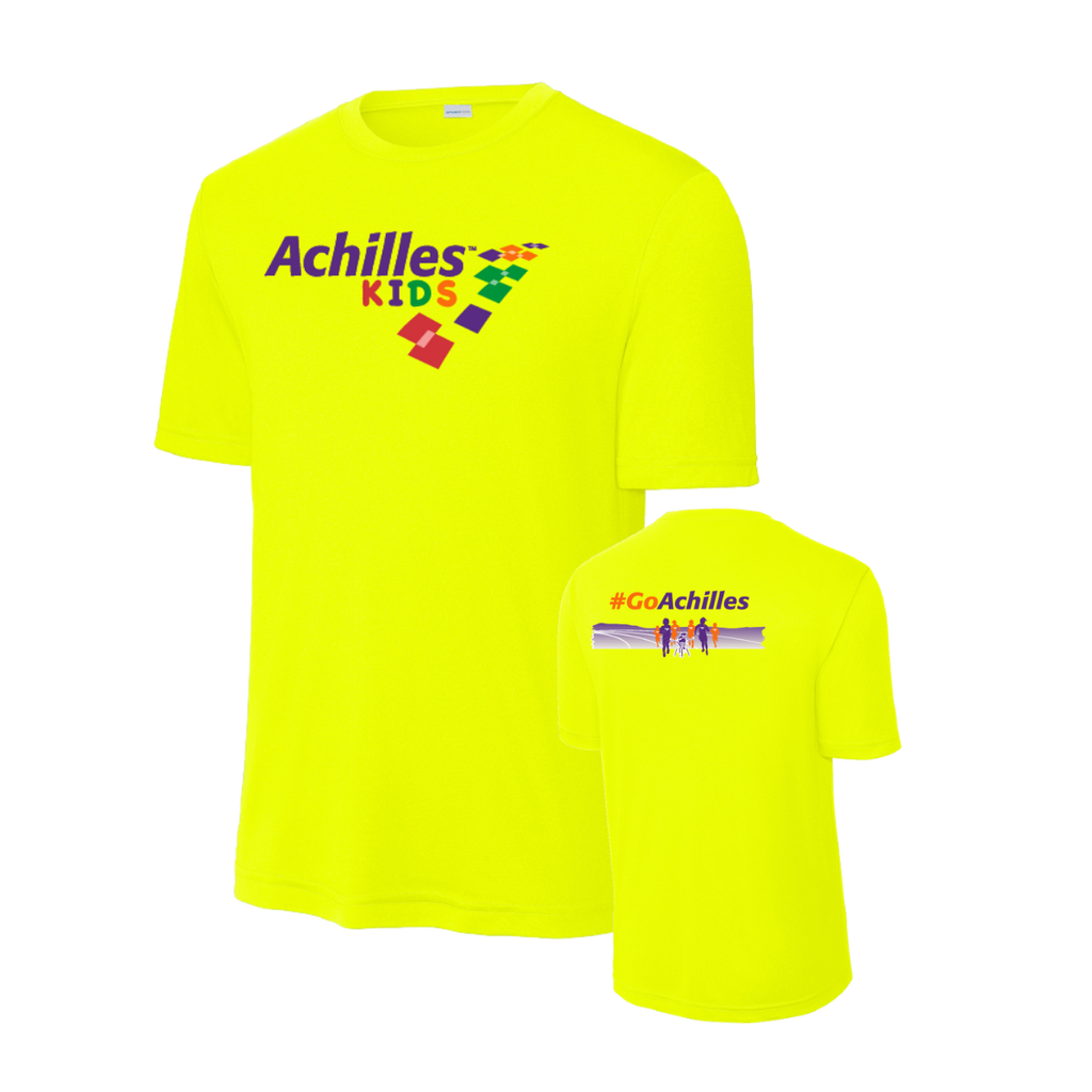 Neon Yellow t-shirt with Achilles Kids logo on front and '#GoAchilles' on back