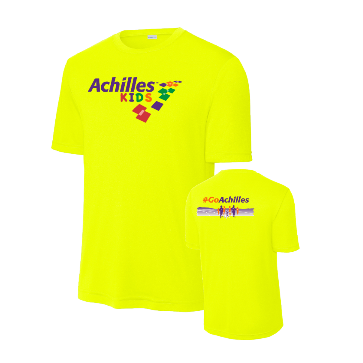 Neon Yellow t-shirt with Achilles Kids logo on front and '#GoAchilles' on back