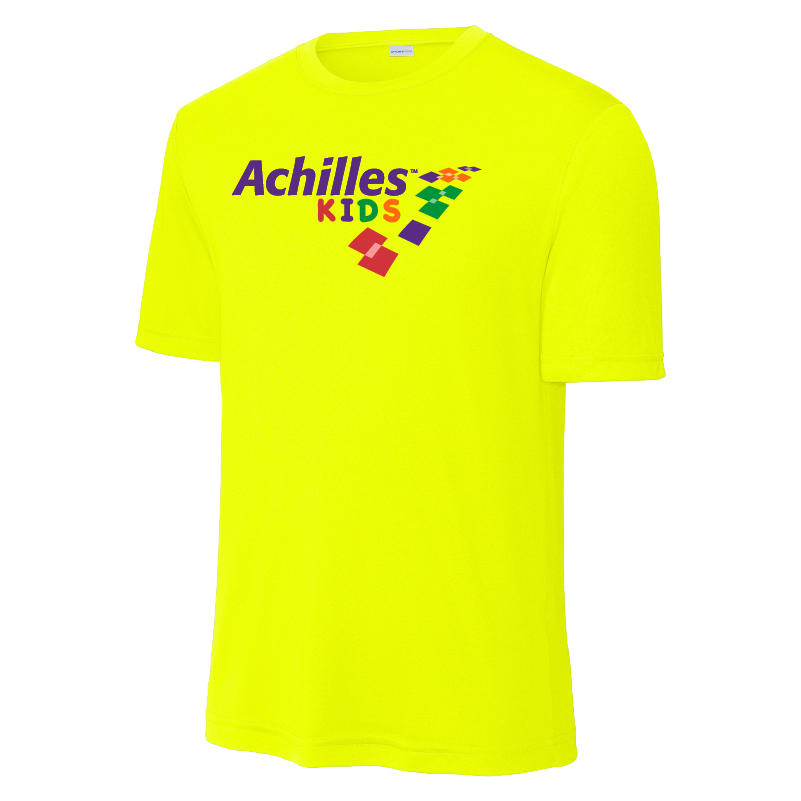 Neon Yellow t-shirt with 'Achilles Kids' logo on a white background