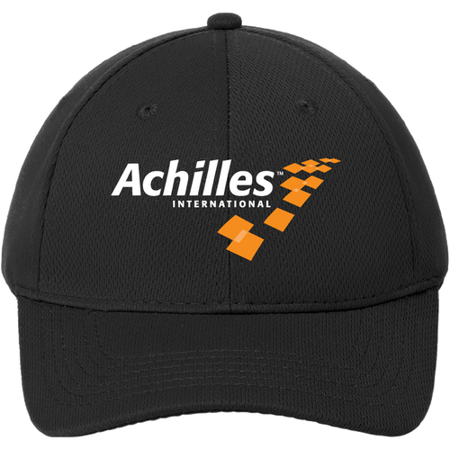 Black cap with Achilles International logo on a white background