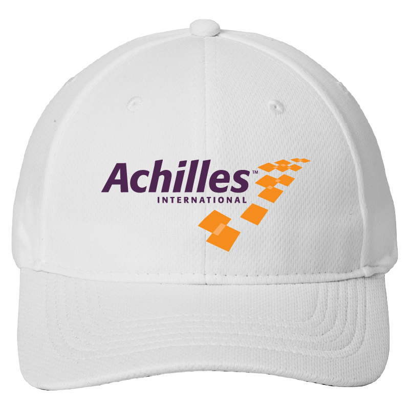 White cap with Achilles International logo on a white background