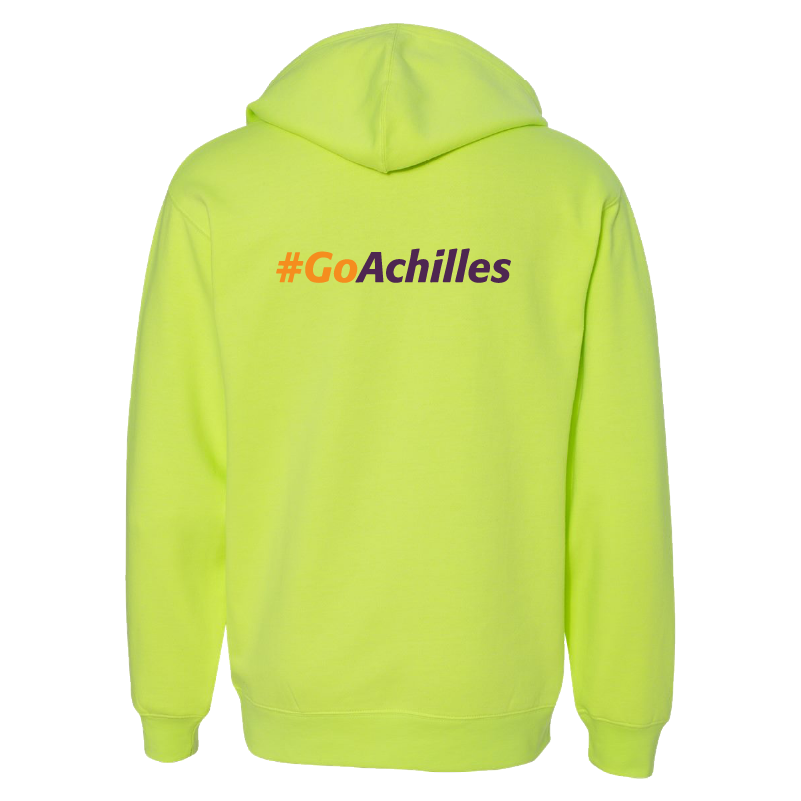 Safety Yellow hoodie with '#GoAchilles' text on the back against a white background
