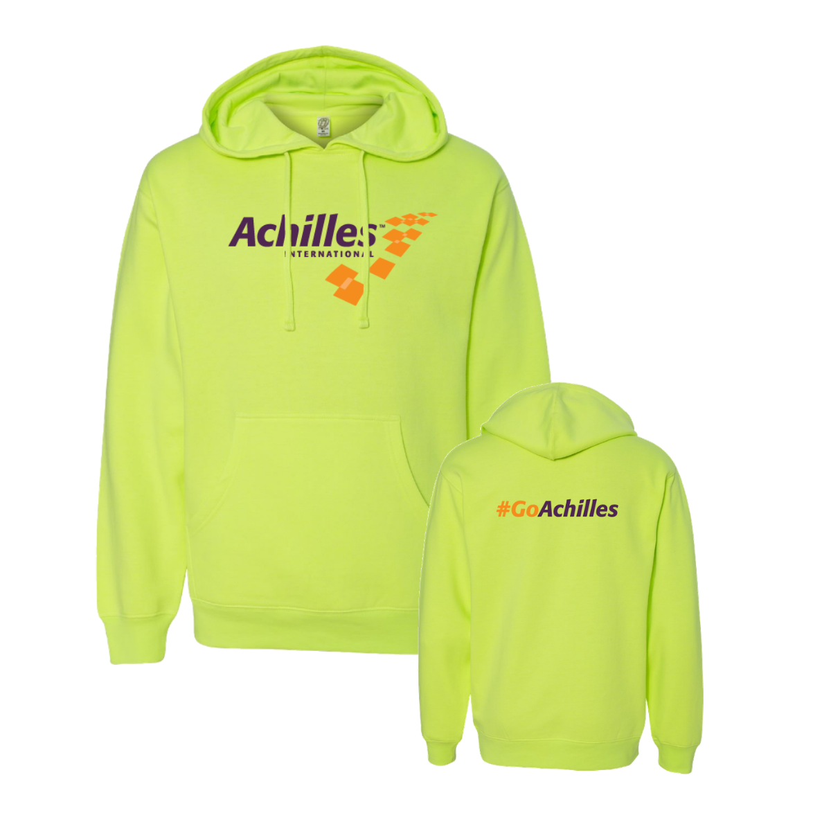 Safety Yellow hoodie with Achilles logo on front and back