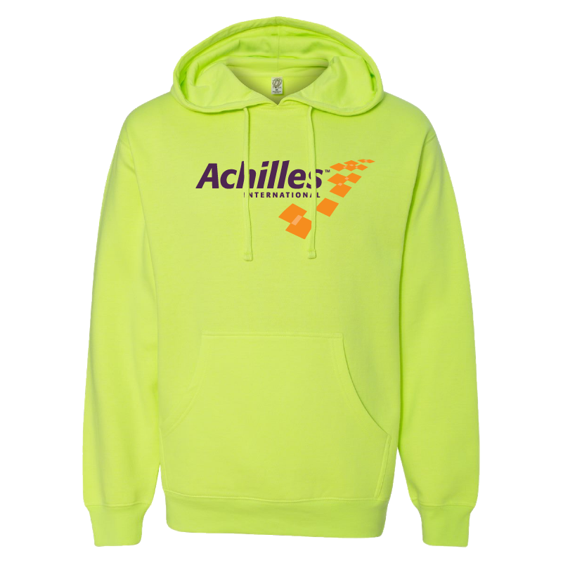 Safety yellow hoodie with Achilles logo on a white background