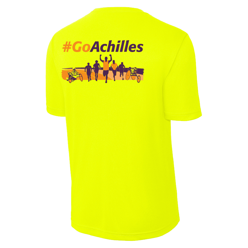 Safety Yellow t-shirt with '#GoAchilles' text and graphic on a white background