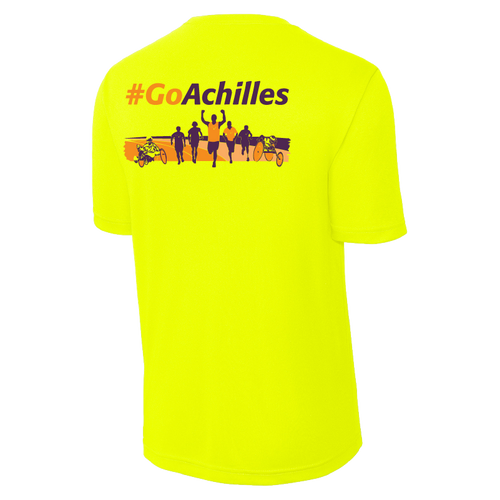 Safety Yellow t-shirt with '#GoAchilles' text and graphic on a white background