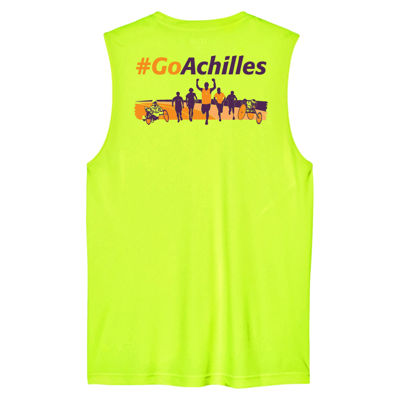 Safety Yellow sleeveless shirt with '#GoAchilles' text and graphic on a white background