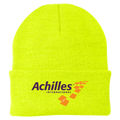 Neon Yellow beanie with Achilles International logo on a white background