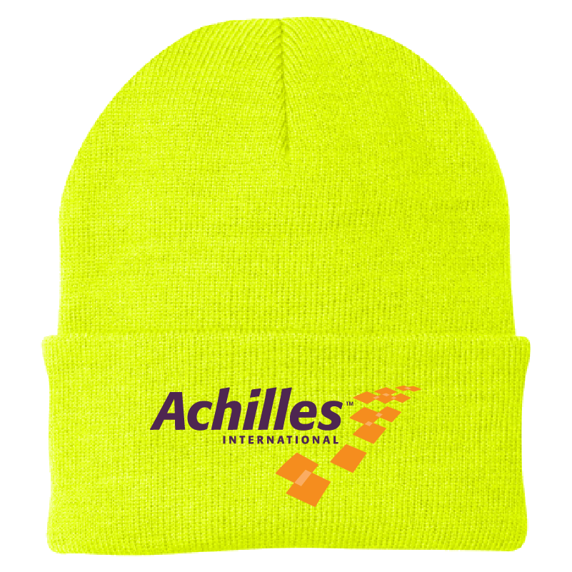 Neon Yellow beanie with Achilles International logo on a white background