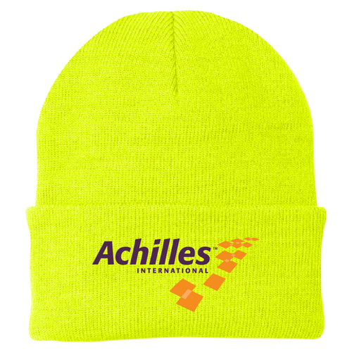 Neon Yellow beanie with Achilles International logo on a white background