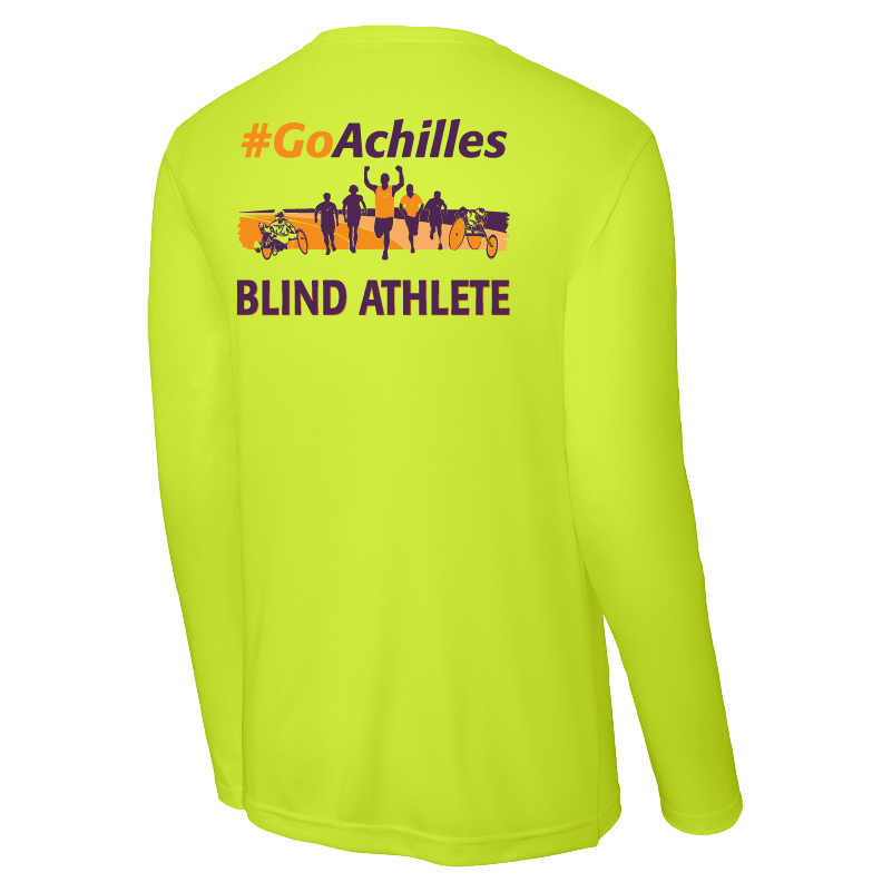 Neon Yellow long sleeve t-shirt with '#GoAchilles Blind Athlete' text on back of shirt. There is a graphic of athletes running.
