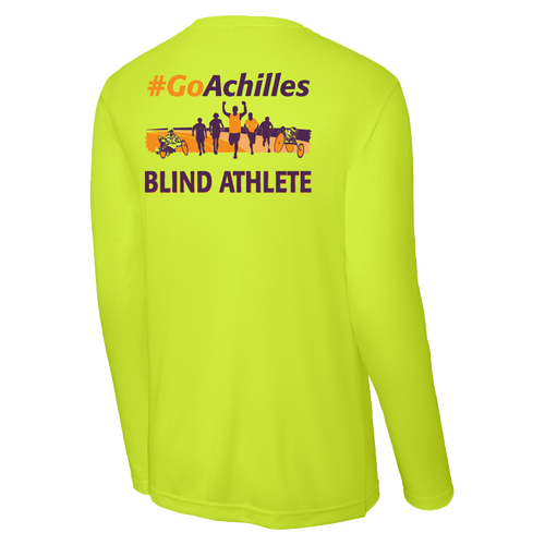 Neon Yellow long sleeve t-shirt with '#GoAchilles Blind Athlete' text on back of shirt. There is a graphic of athletes running.