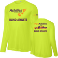 Front and back view of neon yellow long sleeve t-shirt. The front reads ' Achilles International Blind Athlete' and the back has a graphic of people running with the text "#GoAchilles Blind Athlete.'