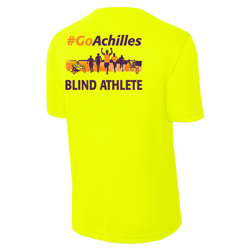 Neon Yellow t-shirt with '#GoAchilles Blind Athlete' text on back of shirt. There is a graphic of athletes running.