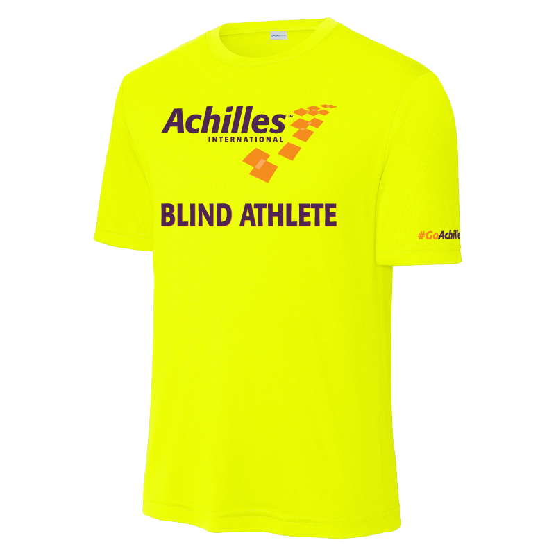 Neon Yellow t-shirt with 'Achilles International Blind Athlete' text on the front.