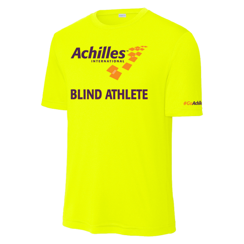 Neon Yellow t-shirt with 'Achilles International Blind Athlete' text on the front.