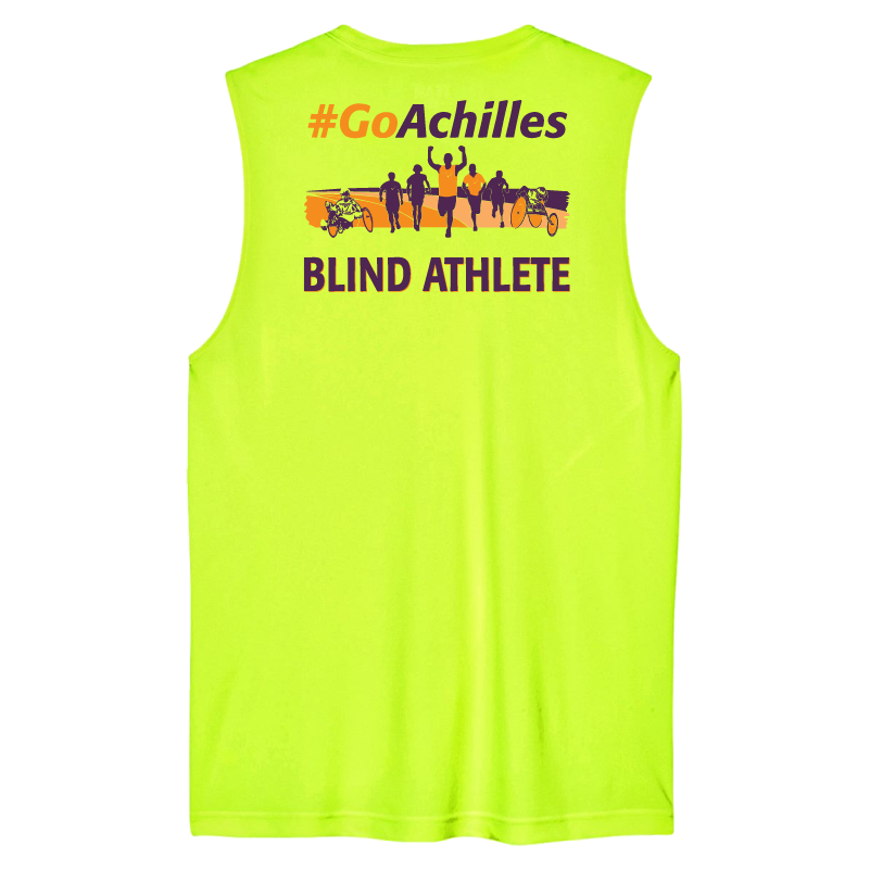 Safety Yellow tank top with '#GoAchilles Blind Athlete' text on back of shirt. There is a graphic of athletes running.