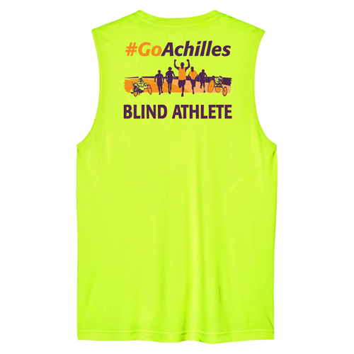 Safety Yellow tank top with '#GoAchilles Blind Athlete' text on back of shirt. There is a graphic of athletes running.