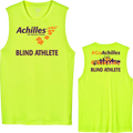 Front and back view of safety yellow tank. The front reads ' Achilles International Blind Athlete' and the back has a graphic of people running with the text "#GoAchilles Blind Athlete.'