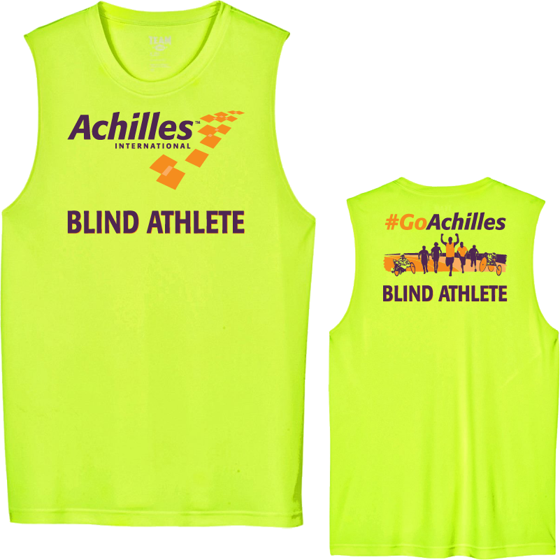 Front and back view of safety yellow tank. The front reads ' Achilles International Blind Athlete' and the back has a graphic of people running with the text "#GoAchilles Blind Athlete.'