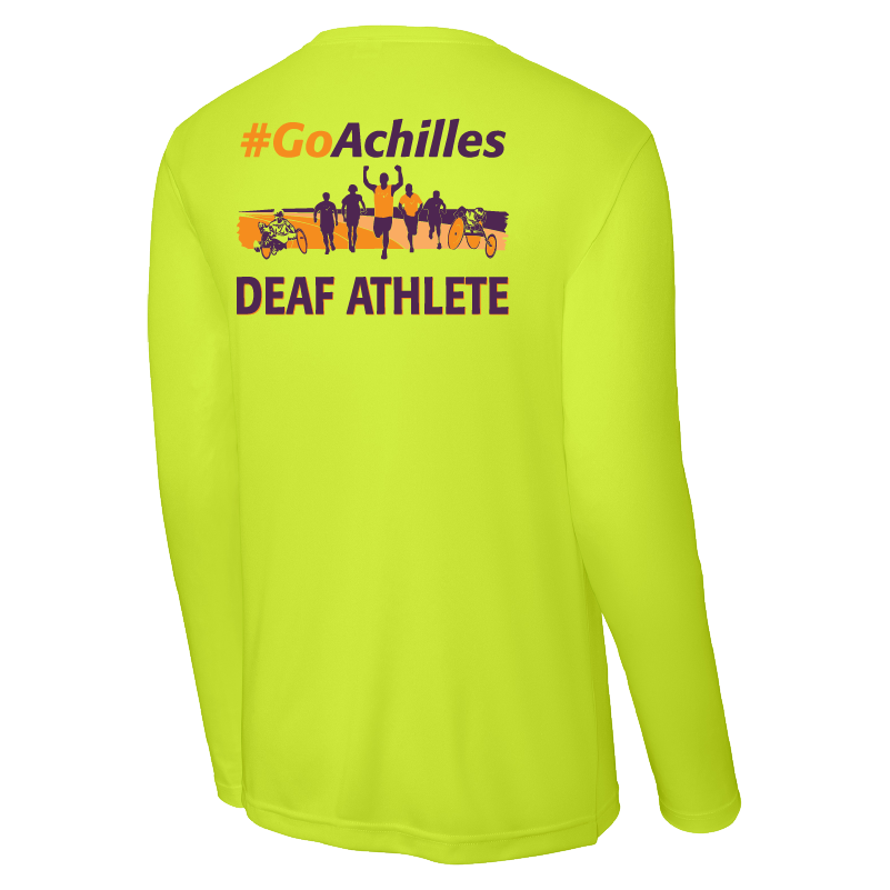 Neon Yellow long sleeve t-shirt with '#GoAchilles Deaf Athlete' text on back of shirt. There is a graphic of athletes running.