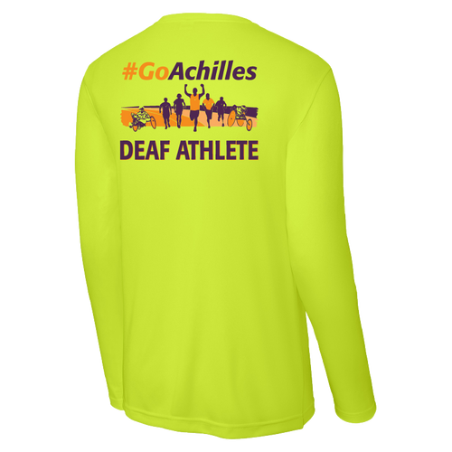 Neon Yellow long sleeve t-shirt with '#GoAchilles Deaf Athlete' text on back of shirt. There is a graphic of athletes running.