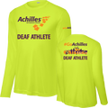 Front and back view of neon yellow long sleeve t-shirt. The front reads ' Achilles International Deaf Athlete' and the back has a graphic of people running with the text "#GoAchilles Deaf Athlete.'